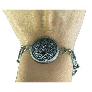 Vintage 925 Aztec Theme Charm Bracelet Etched Panel Link Toggle Clasp